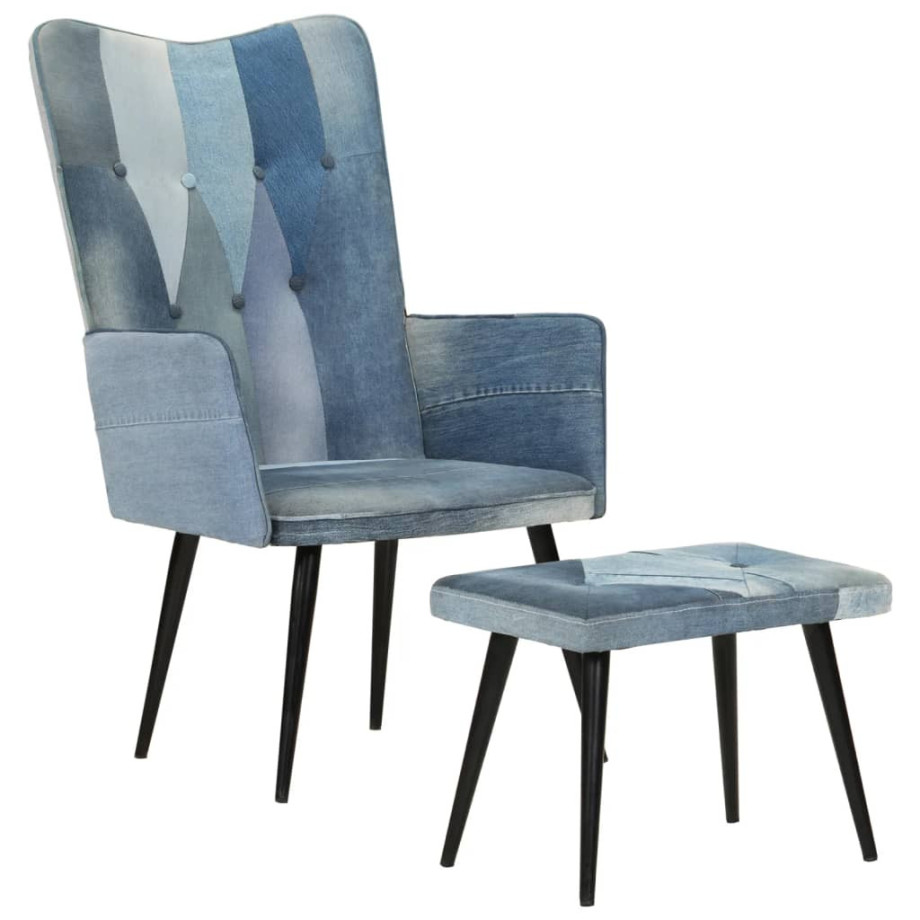 vidaXL Fauteuil met voetensteun patchwork canvas blauw denim afbeelding 1