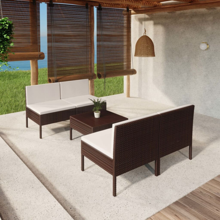 vidaXL 5-delige Loungeset met kussens poly rattan bruin afbeelding 1