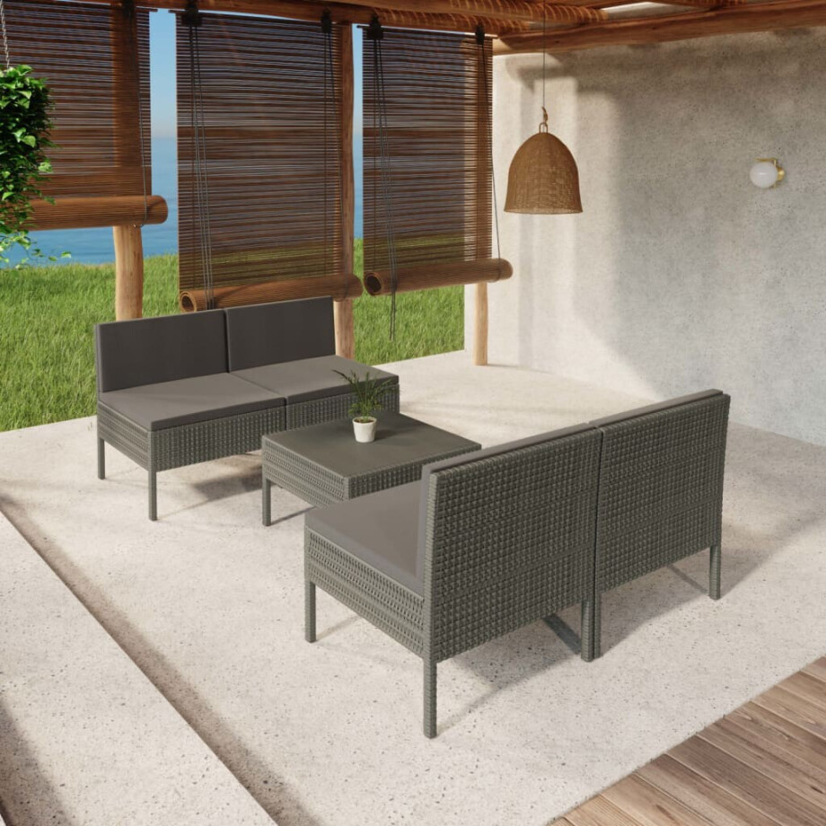 vidaXL 5-delige Loungeset met kussens poly rattan grijs afbeelding 1