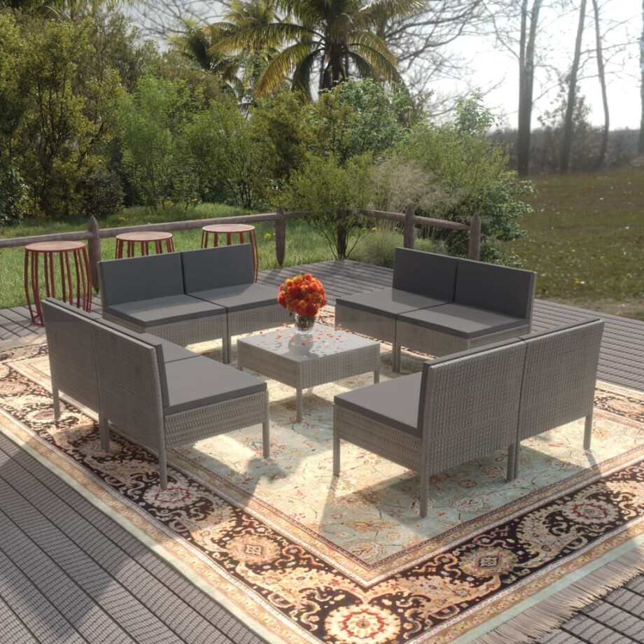 vidaXL 9-delige Loungeset met kussens poly rattan grijs afbeelding 1
