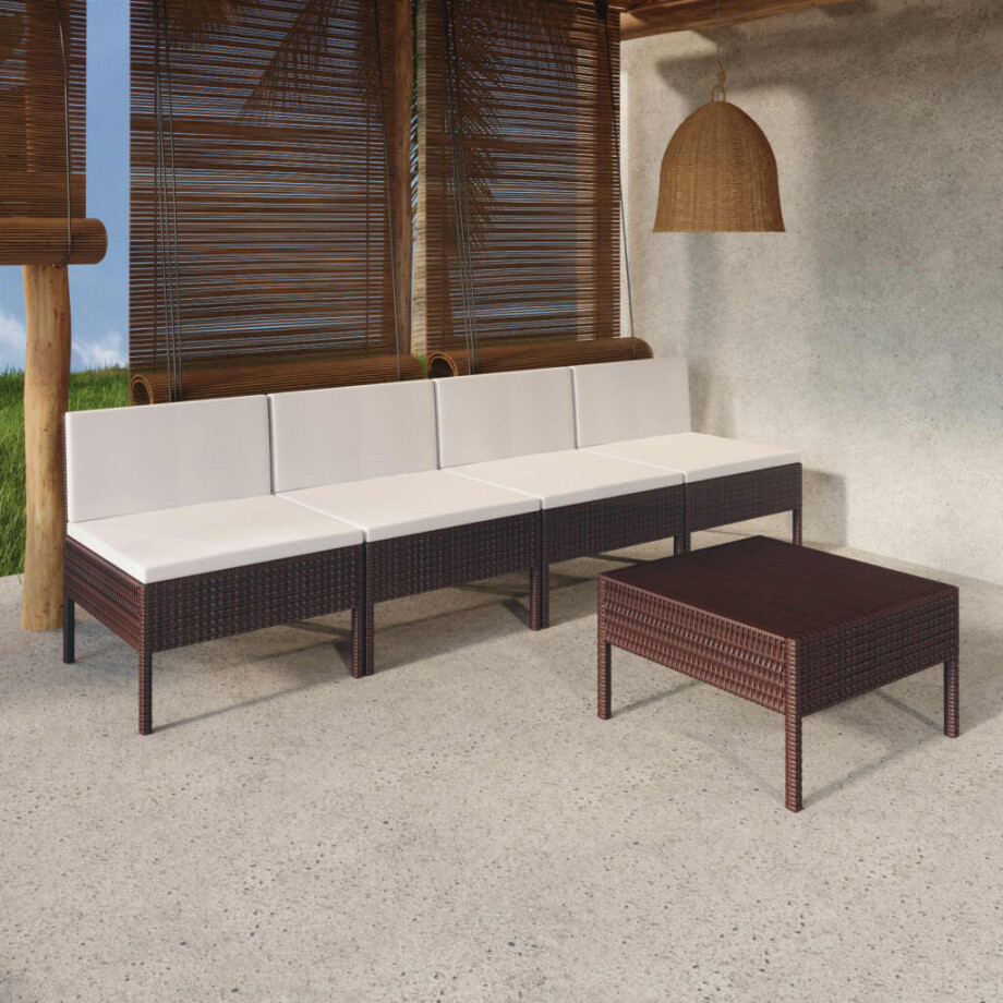 vidaXL 5-delige Loungeset met kussens poly rattan bruin vidaXL 5-delige Loungeset met kussens poly rattan bruin afbeelding 1