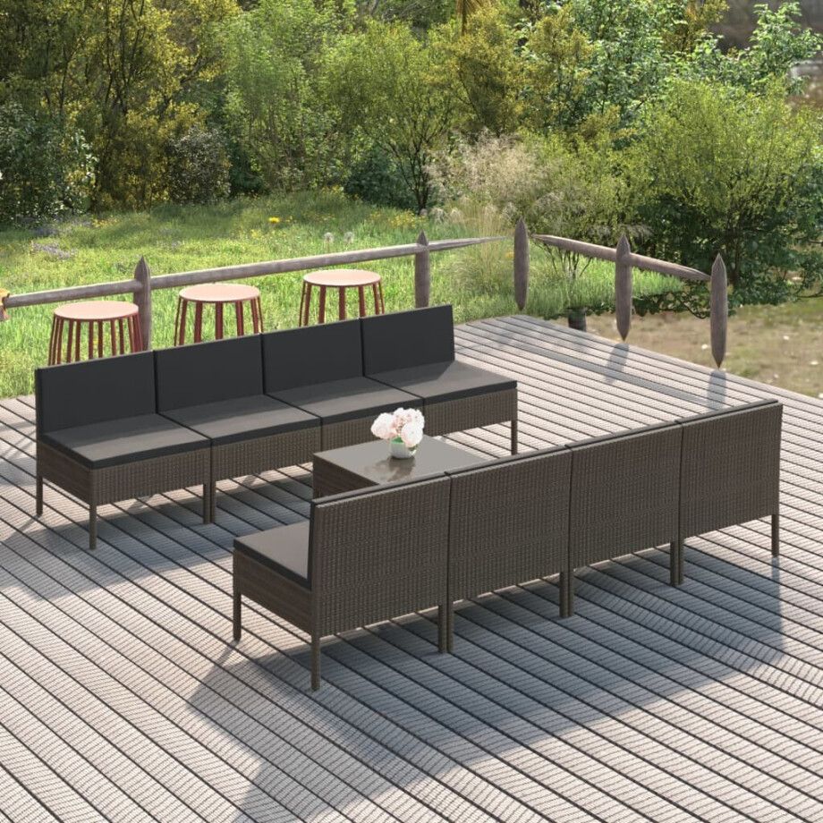 vidaXL 9-delige Loungeset met kussens poly rattan grijs afbeelding 1
