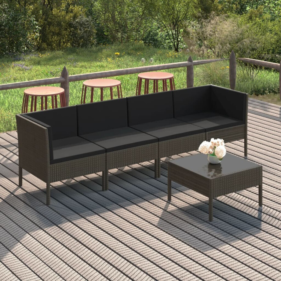 vidaXL 5-delige Loungeset met kussens poly rattan grijs afbeelding 1