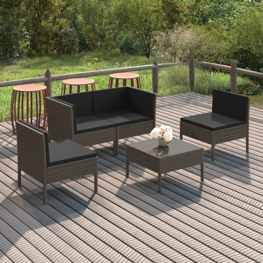 vidaXL 5-delige Loungeset met kussens poly rattan grijs afbeelding 1