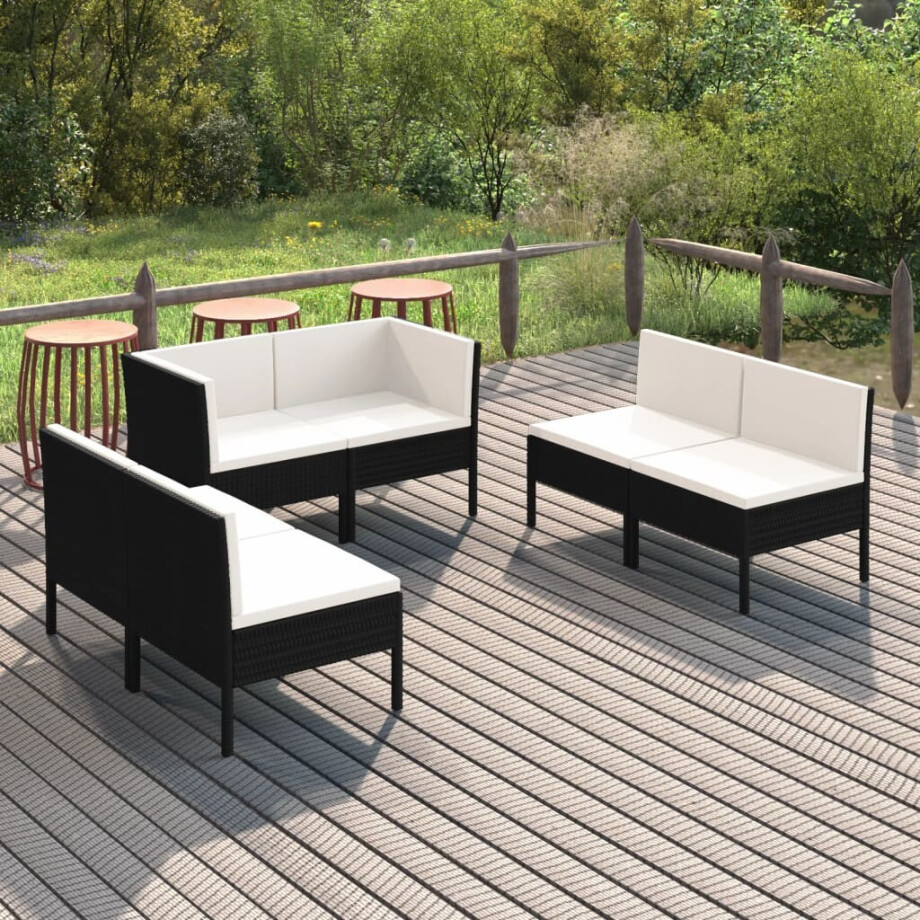 vidaXL 6-delige Loungeset met kussens poly rattan zwart afbeelding 1