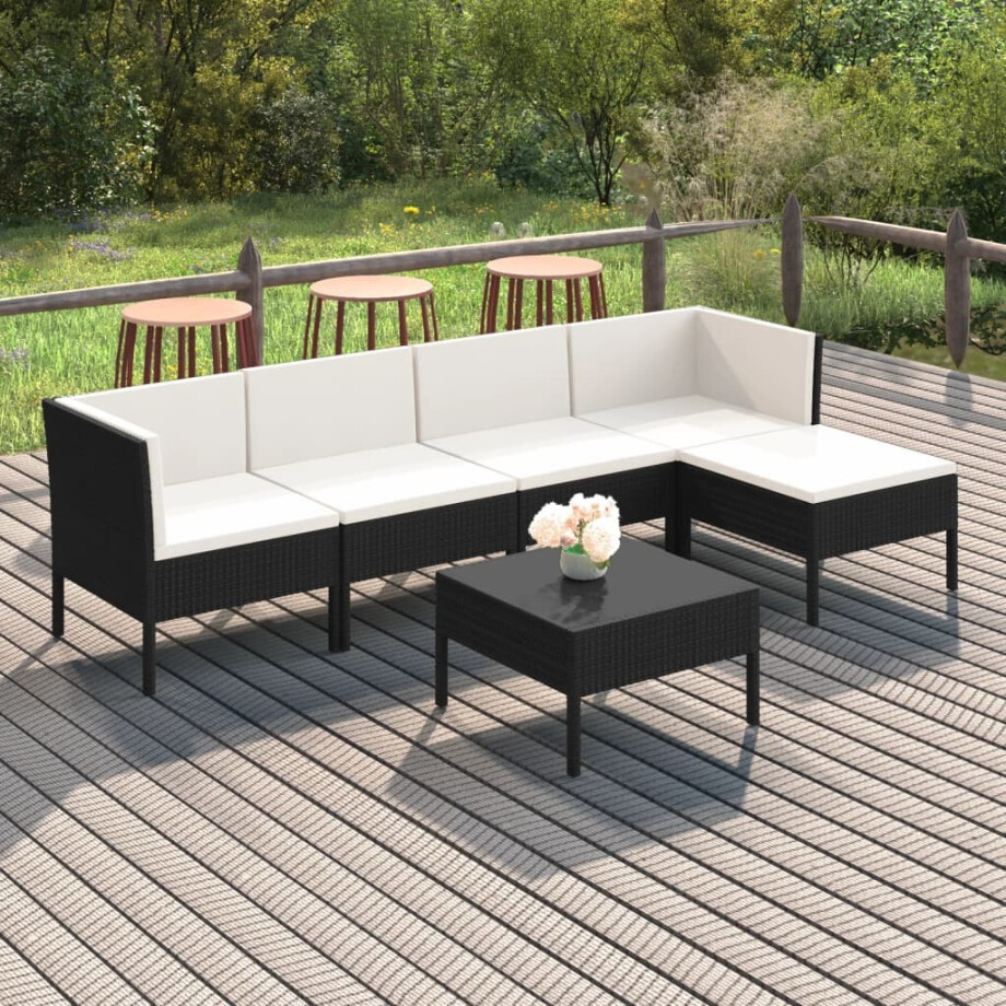 vidaXL 6-delige Loungeset met kussens poly rattan zwart afbeelding 1