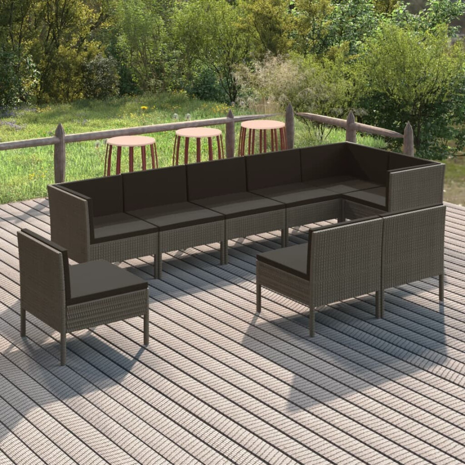 vidaXL 9-delige Loungeset met kussens poly rattan grijs afbeelding 1