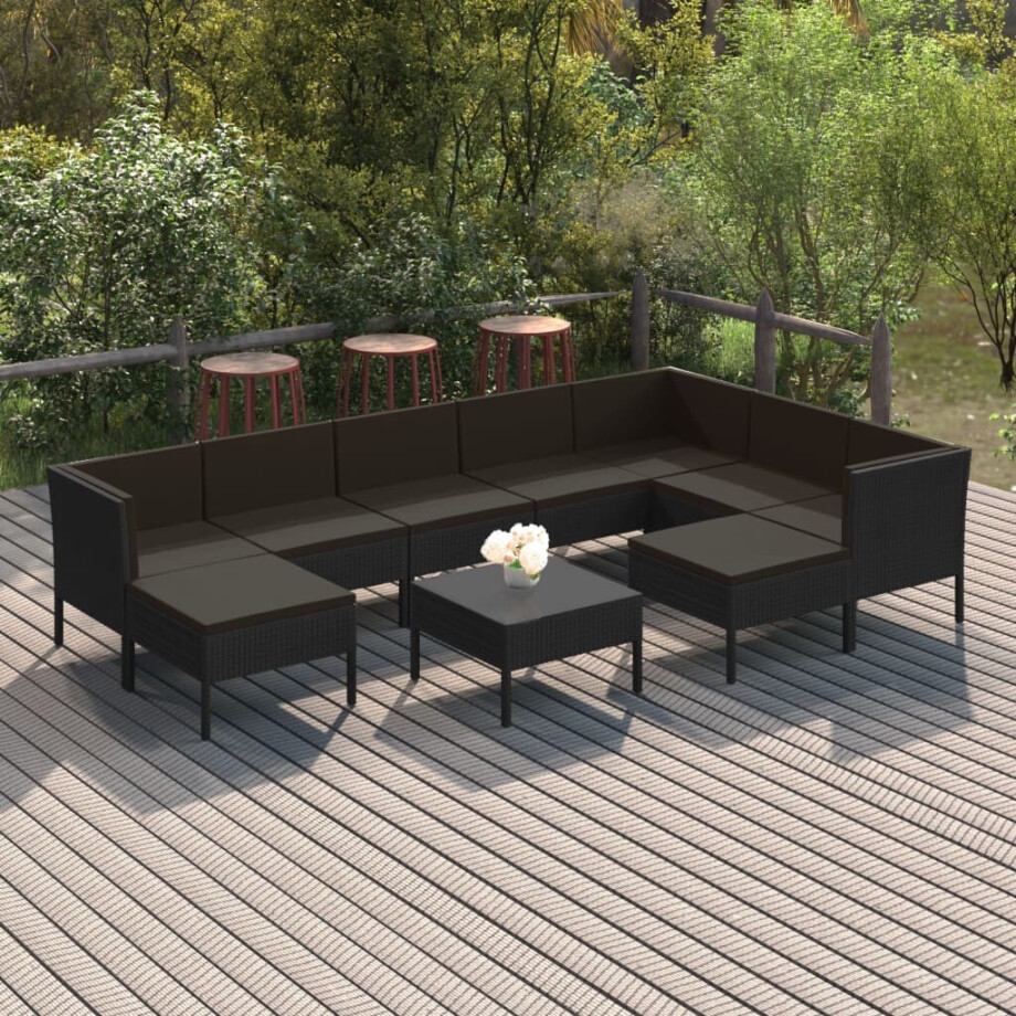 vidaXL 10-delige Loungeset met kussens poly rattan zwart afbeelding 1