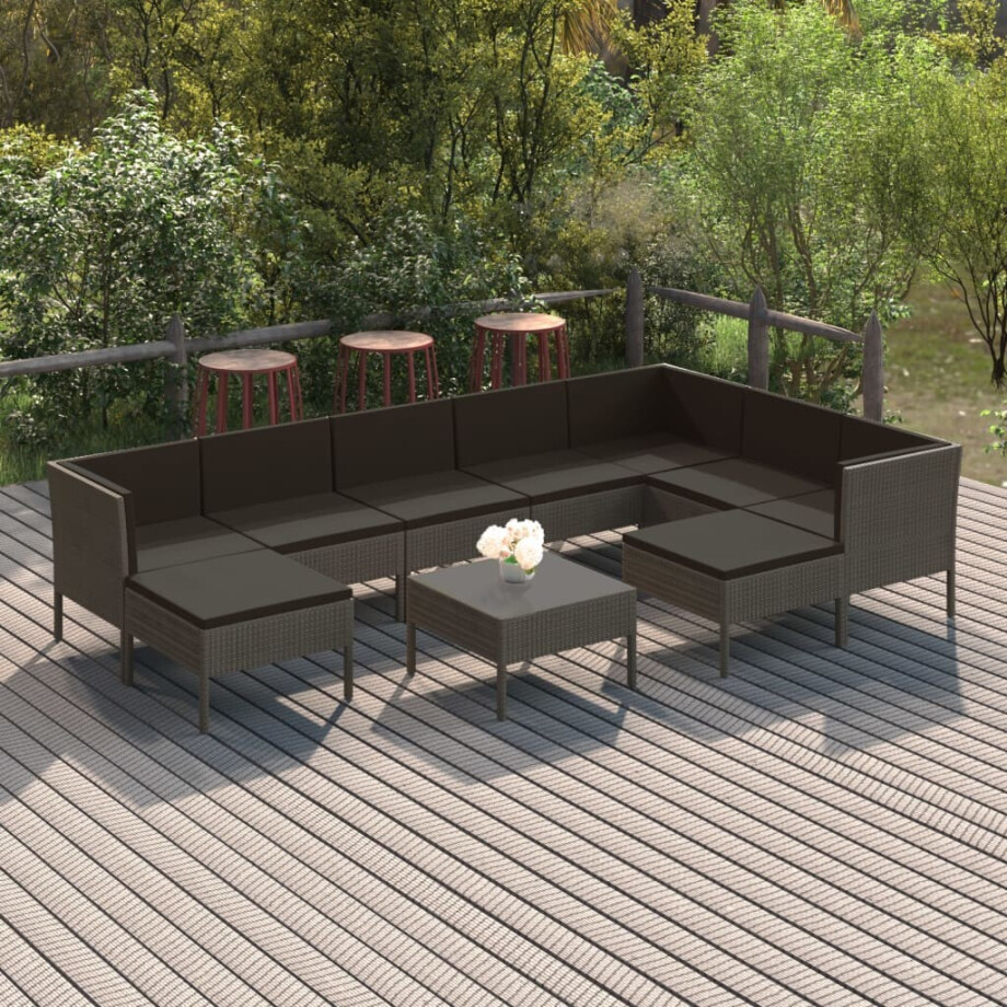 vidaXL 10-delige Loungeset met kussens poly rattan grijs afbeelding 1
