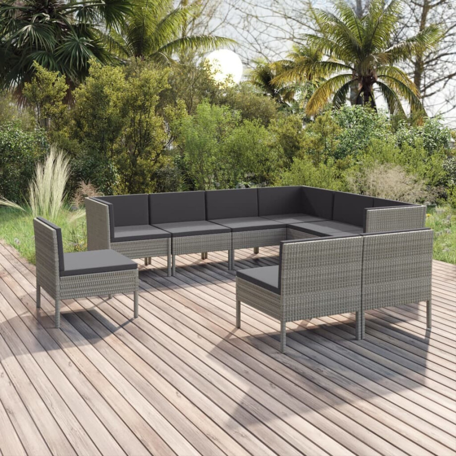 vidaXL 9-delige Loungeset met kussens poly rattan grijs afbeelding 1
