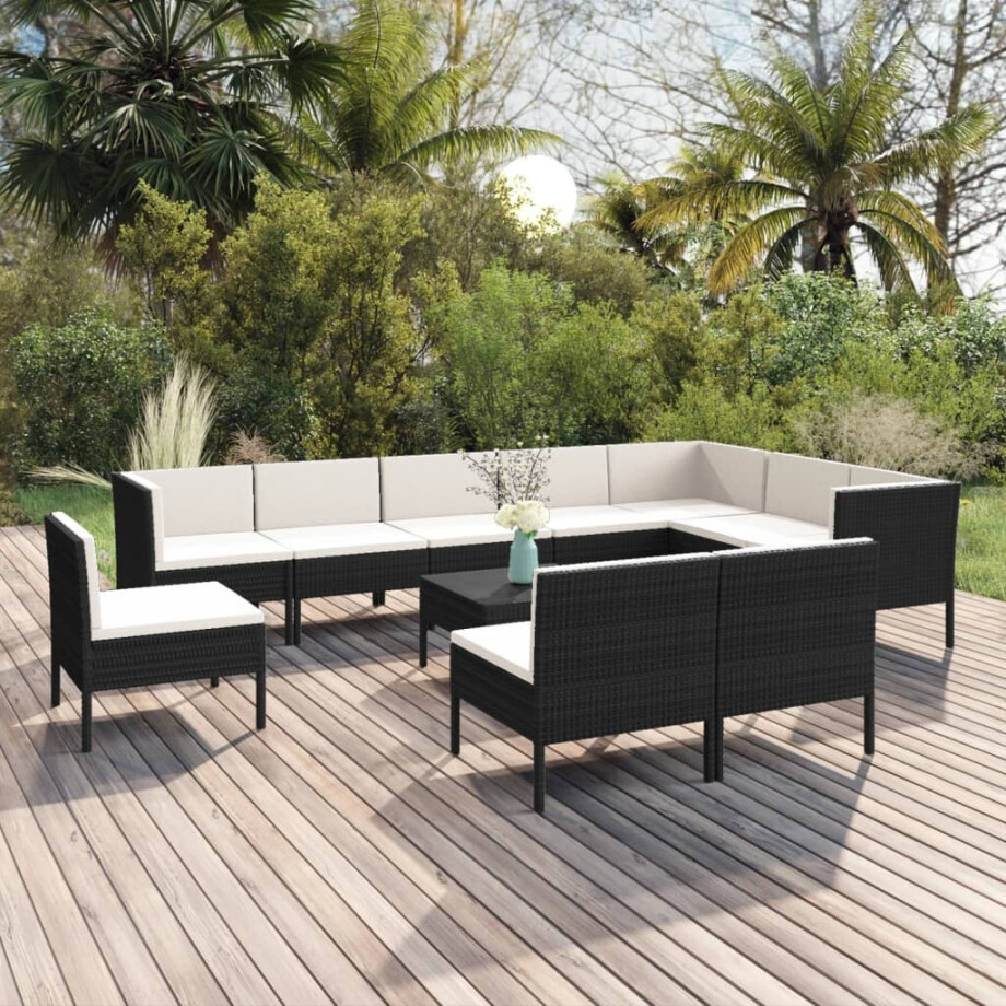 vidaXL 11-delige Loungeset met kussens poly rattan zwart afbeelding 1
