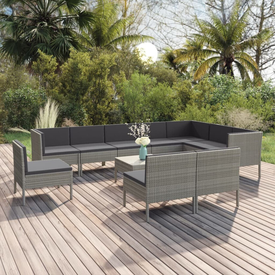 vidaXL 11-delige Loungeset met kussens poly rattan grijs afbeelding 1