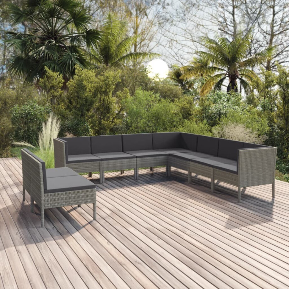 vidaXL 9-delige Loungeset met kussens poly rattan grijs vidaXL 9-delige Loungeset met kussens poly rattan grijs afbeelding 1