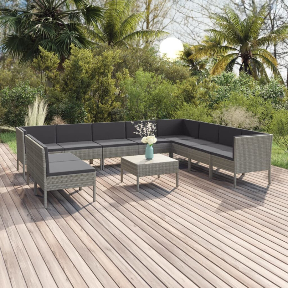 vidaXL 11-delige Loungeset met kussens poly rattan grijs afbeelding 1