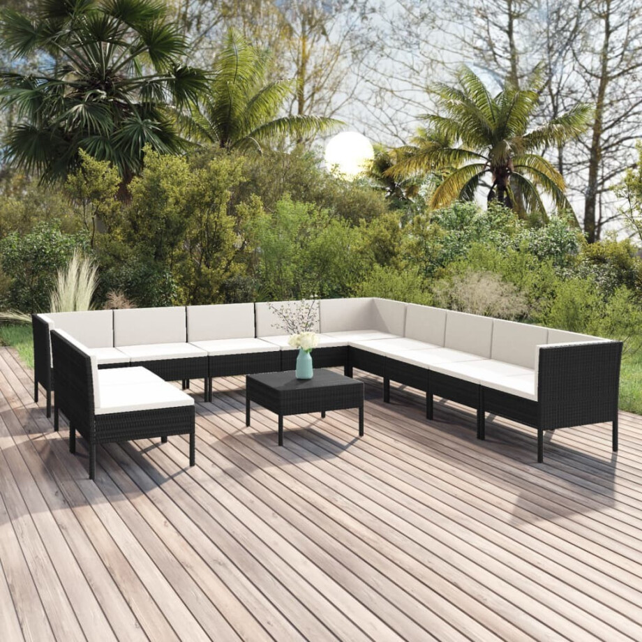 vidaXL 12-delige Loungeset met kussens poly rattan zwart afbeelding 1