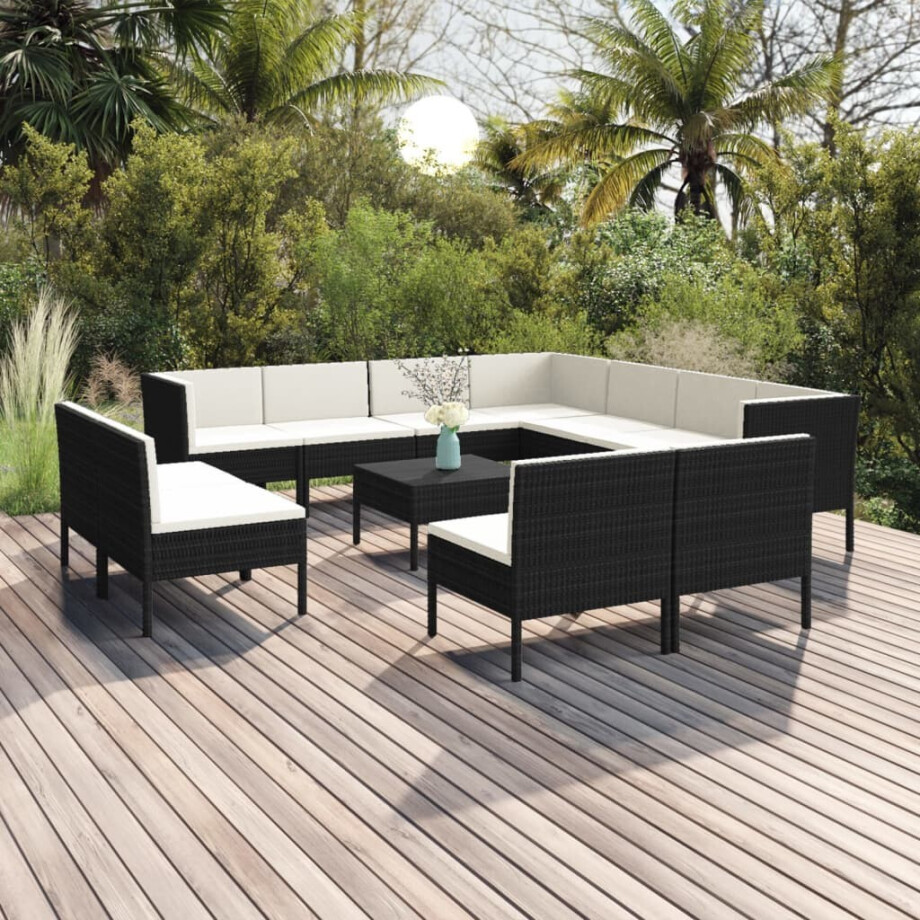 vidaXL 12-delige Loungeset met kussens poly rattan zwart vidaXL 12-delige Loungeset met kussens poly rattan zwart afbeelding 1