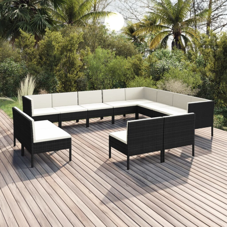 vidaXL 12-delige Loungeset met kussens poly rattan zwart afbeelding 1