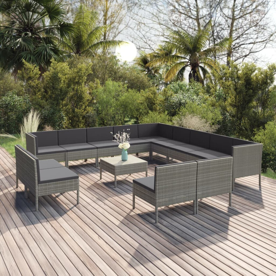 vidaXL 14-delige Loungeset met kussens poly rattan grijs afbeelding 1