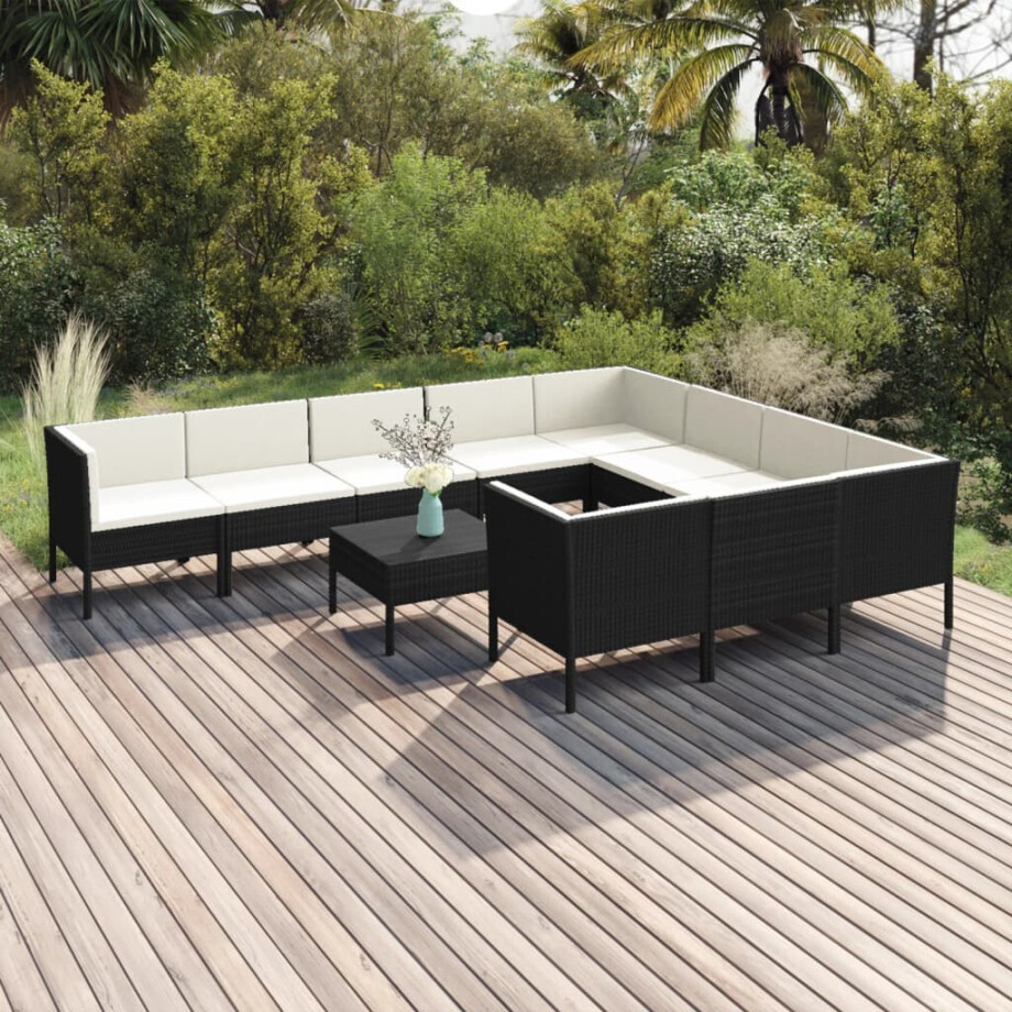vidaXL 11-delige Loungeset met kussens poly rattan zwart afbeelding 1