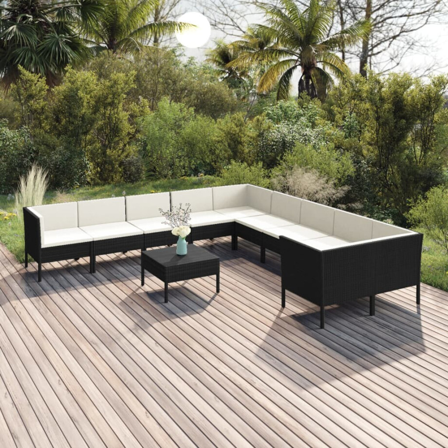 vidaXL 11-delige Loungeset met kussens poly rattan zwart afbeelding 1