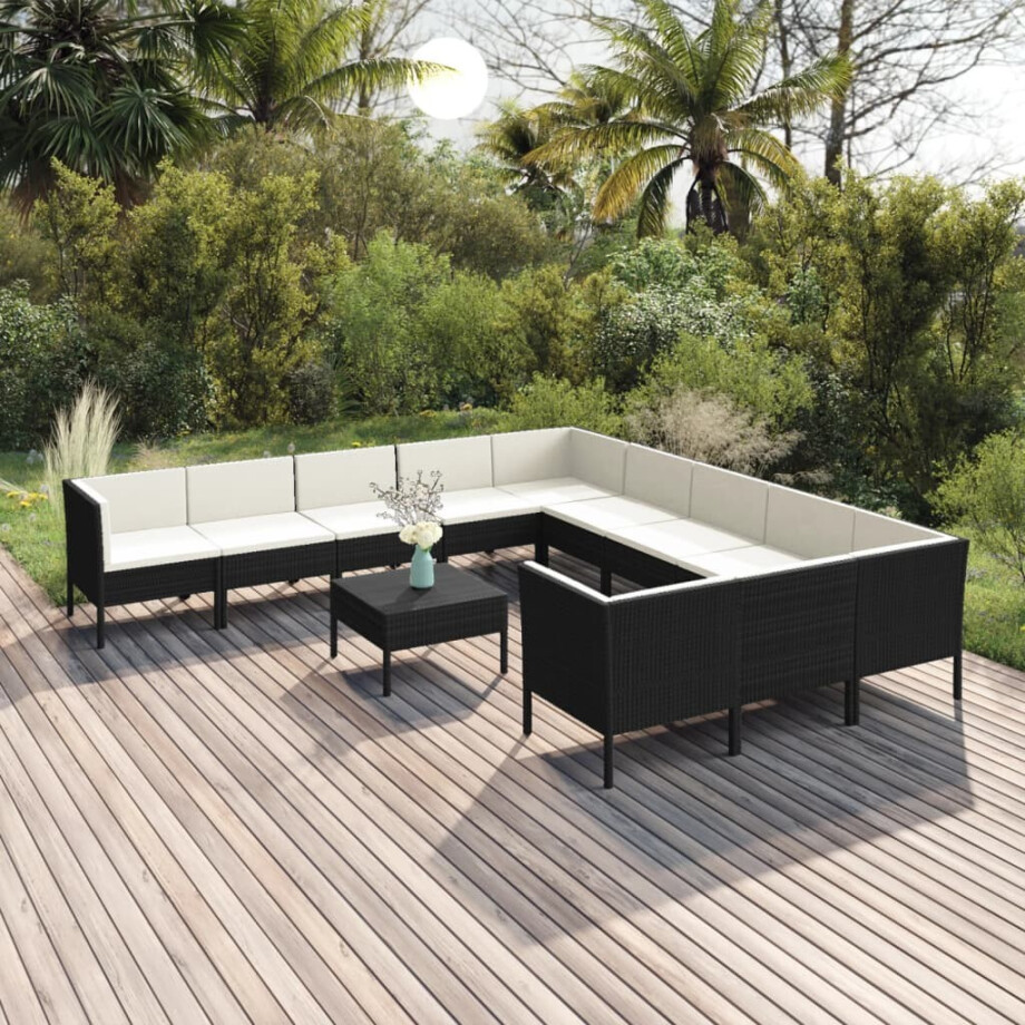 vidaXL 12-delige Loungeset met kussens poly rattan zwart afbeelding 1