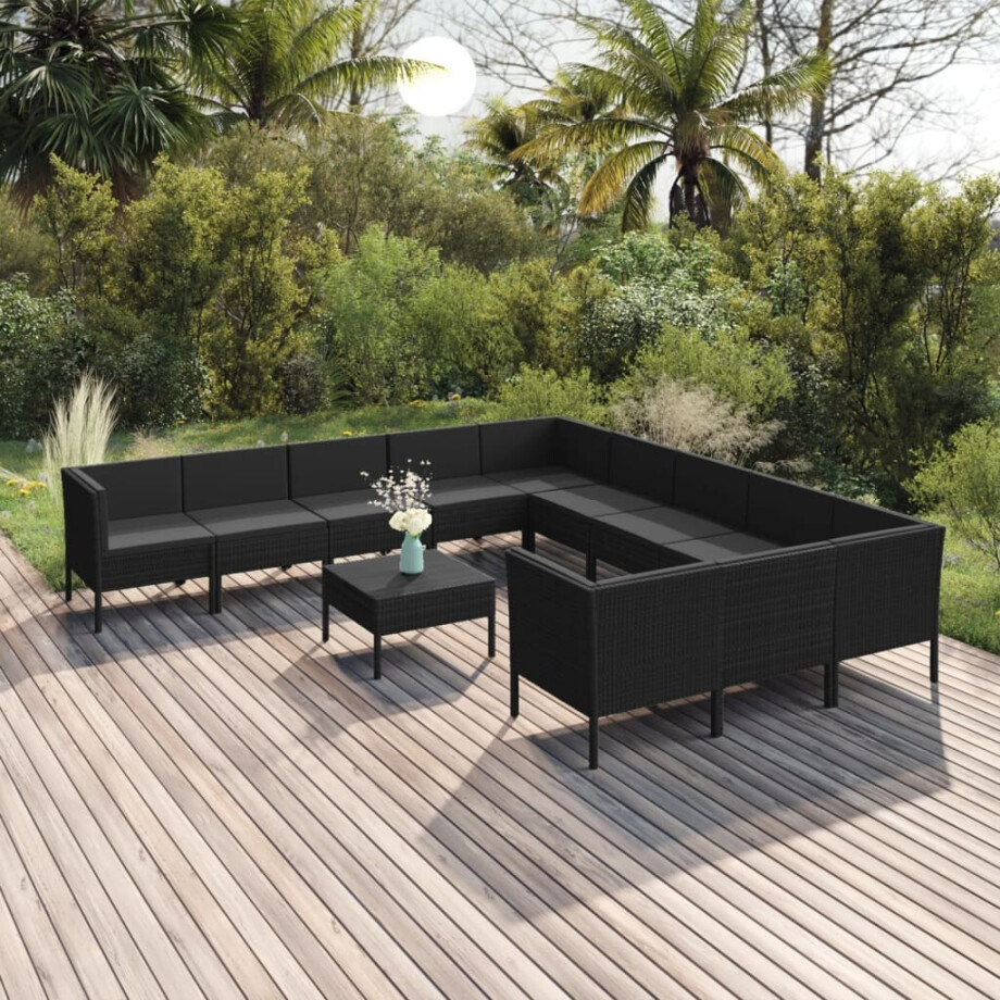 vidaXL 12-delige Loungeset met kussens poly rattan zwart afbeelding 1