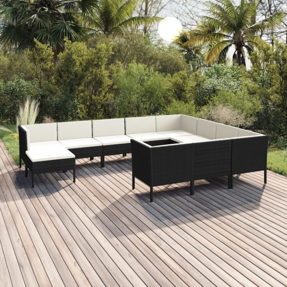 vidaXL 11-delige Loungeset met kussens poly rattan zwart afbeelding 1