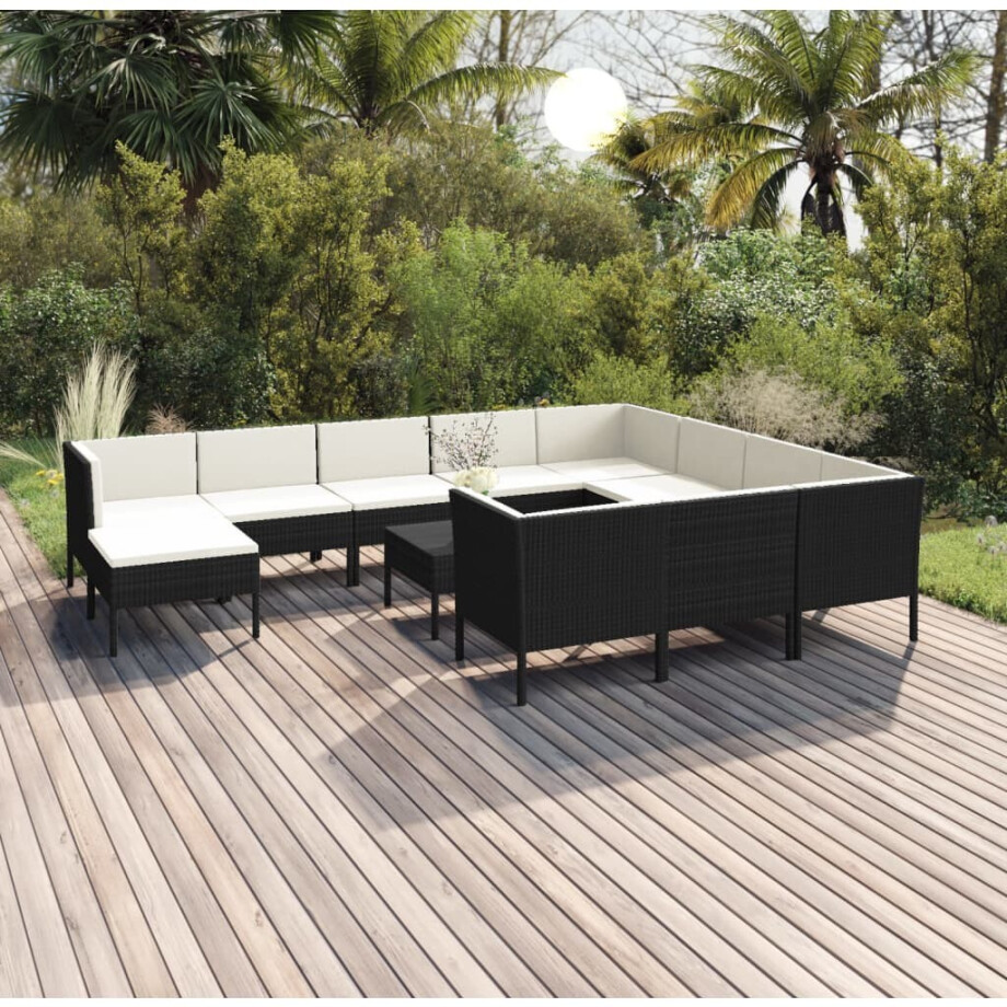 vidaXL 12-delige Loungeset met kussens poly rattan zwart afbeelding 1