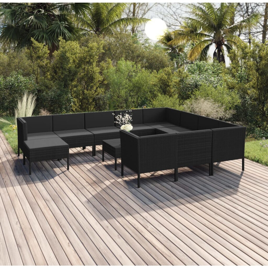 vidaXL 12-delige Loungeset met kussens poly rattan zwart afbeelding 1