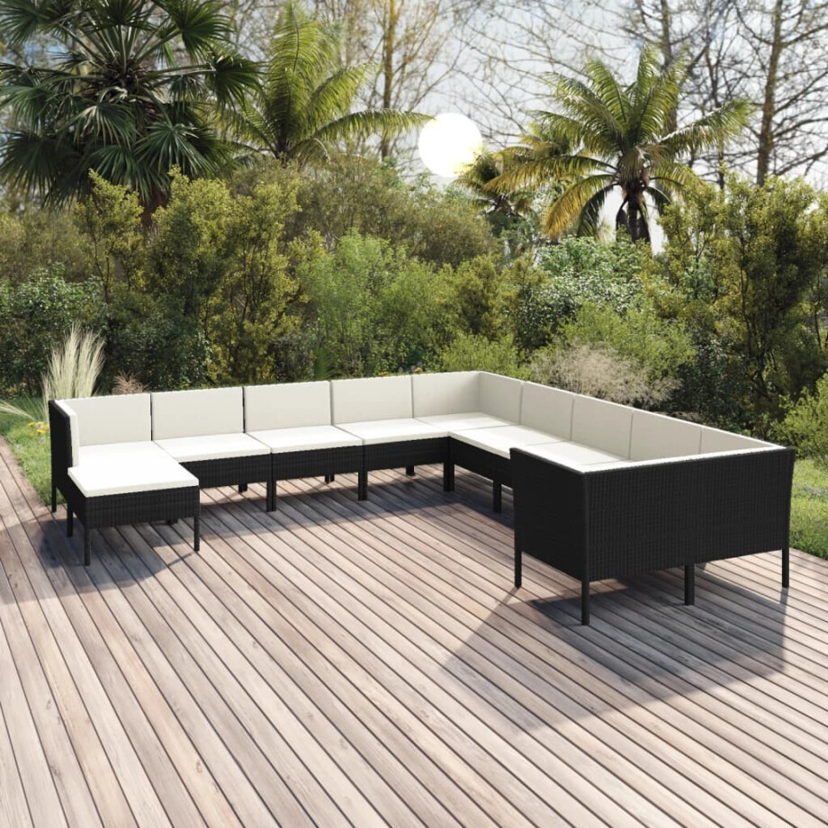 vidaXL 11-delige Loungeset met kussens poly rattan zwart afbeelding 1