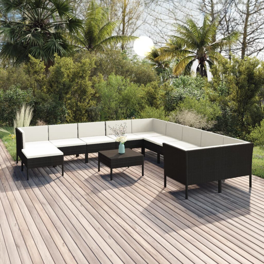 vidaXL 12-delige Loungeset met kussens poly rattan zwart afbeelding 1