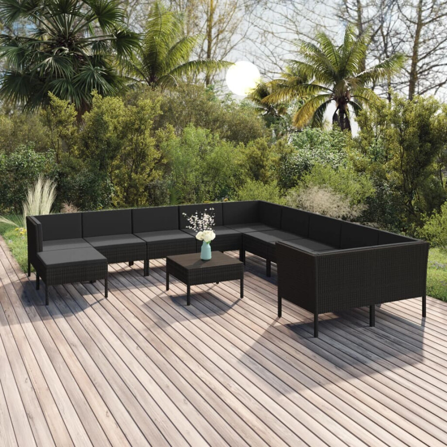 vidaXL 12-delige Loungeset met kussens poly rattan zwart afbeelding 1