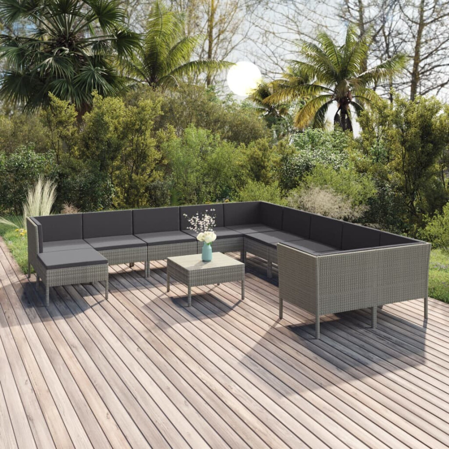 vidaXL 12-delige Loungeset met kussens poly rattan grijs afbeelding 1
