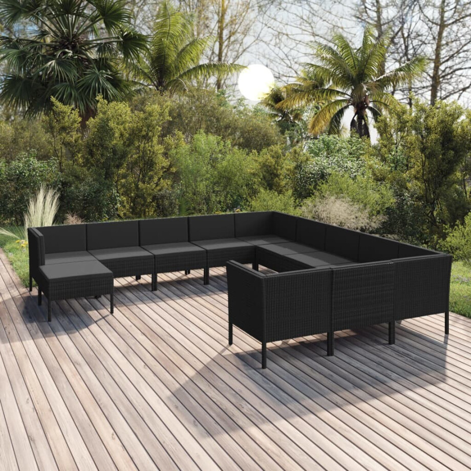 vidaXL 12-delige Loungeset met kussens poly rattan zwart afbeelding 1