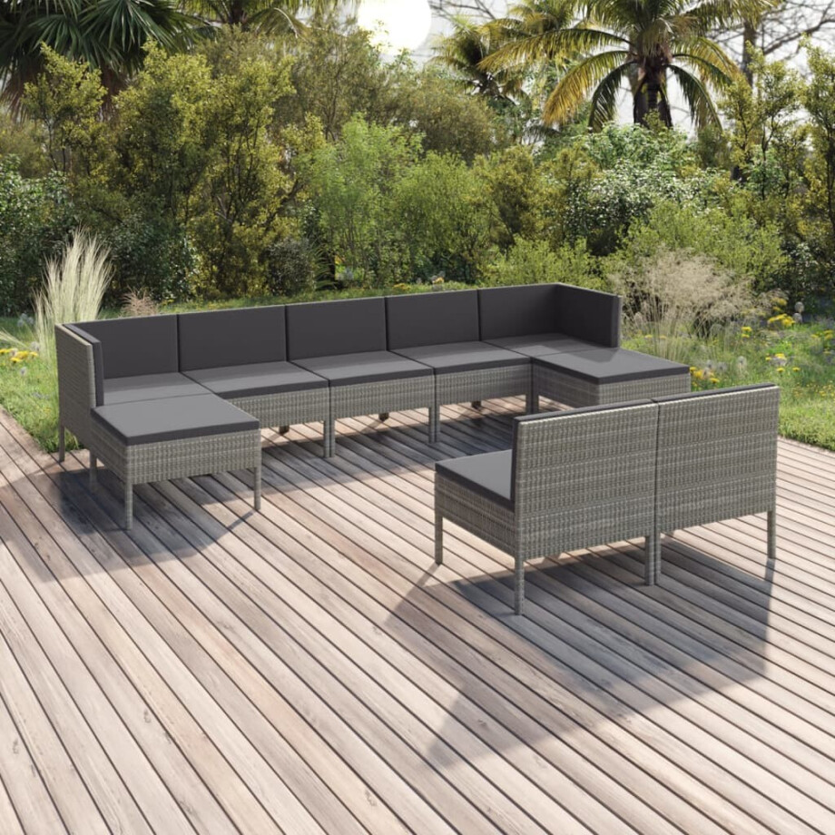 vidaXL 9-delige Loungeset met kussens poly rattan grijs afbeelding 1