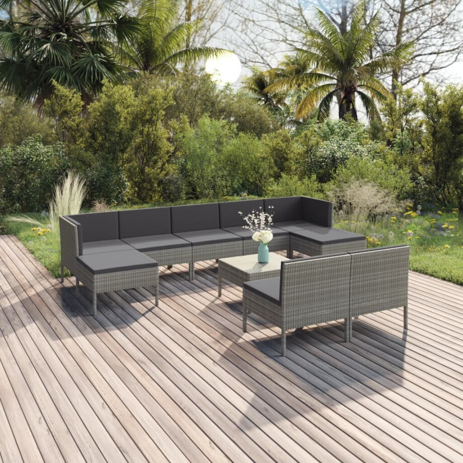 vidaXL 10-delige Loungeset met kussens poly rattan grijs afbeelding 1