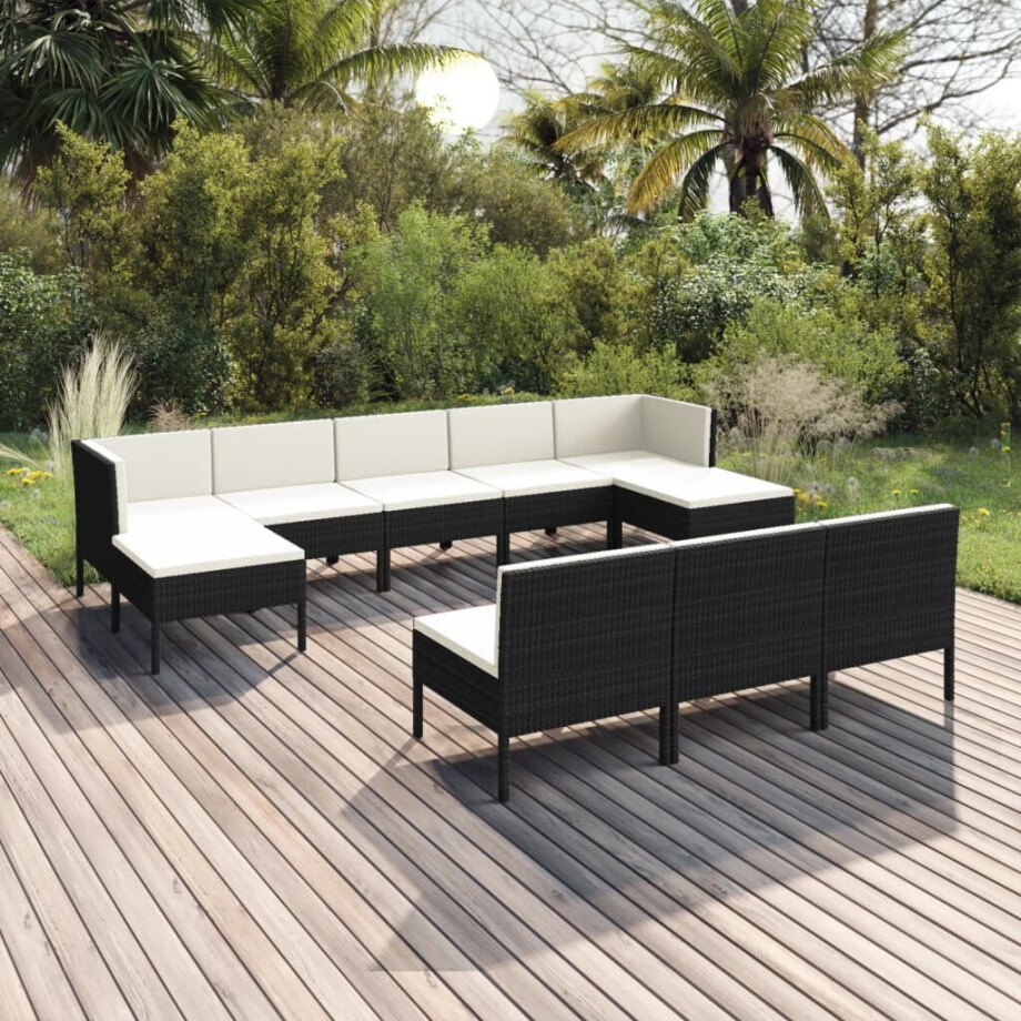 vidaXL 10-delige Loungeset met kussens poly rattan zwart afbeelding 1