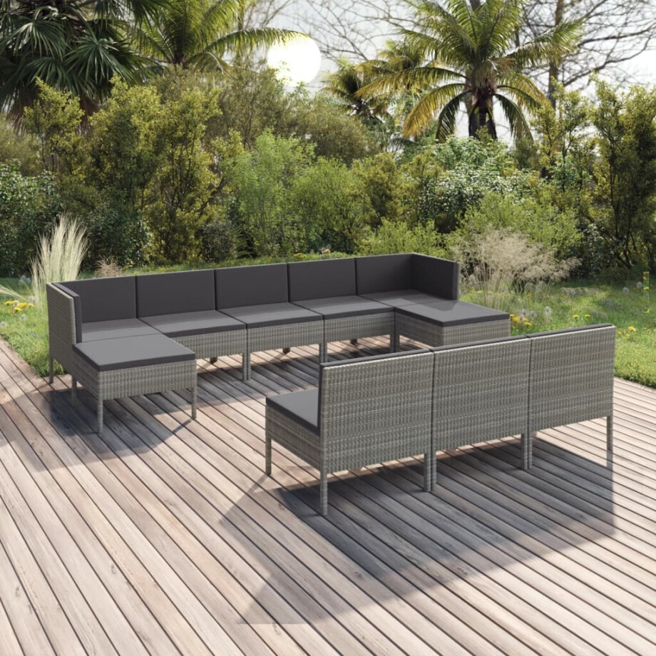 vidaXL 10-delige Loungeset met kussens poly rattan grijs afbeelding 1