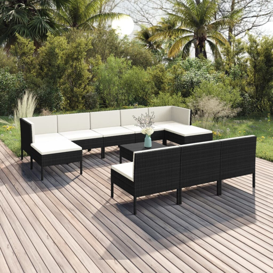 vidaXL 11-delige Loungeset met kussens poly rattan zwart afbeelding 1