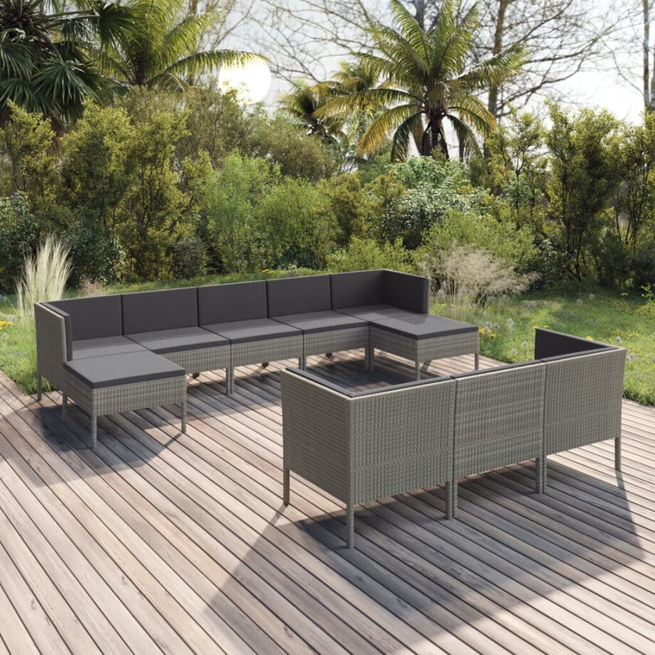 vidaXL 10-delige Loungeset met kussens poly rattan grijs afbeelding 1