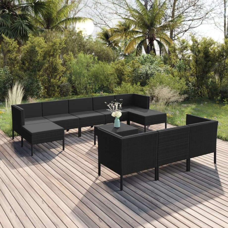 vidaXL 11-delige Loungeset met kussens poly rattan zwart afbeelding 1