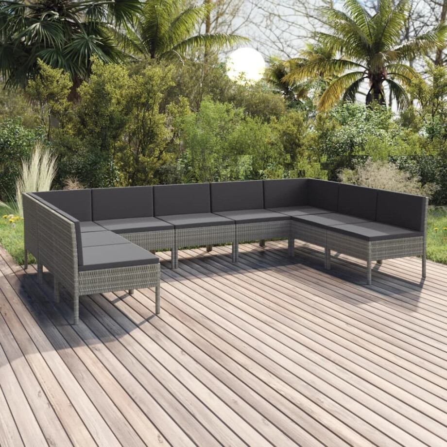 vidaXL 9-delige Loungeset met kussens poly rattan grijs afbeelding 1