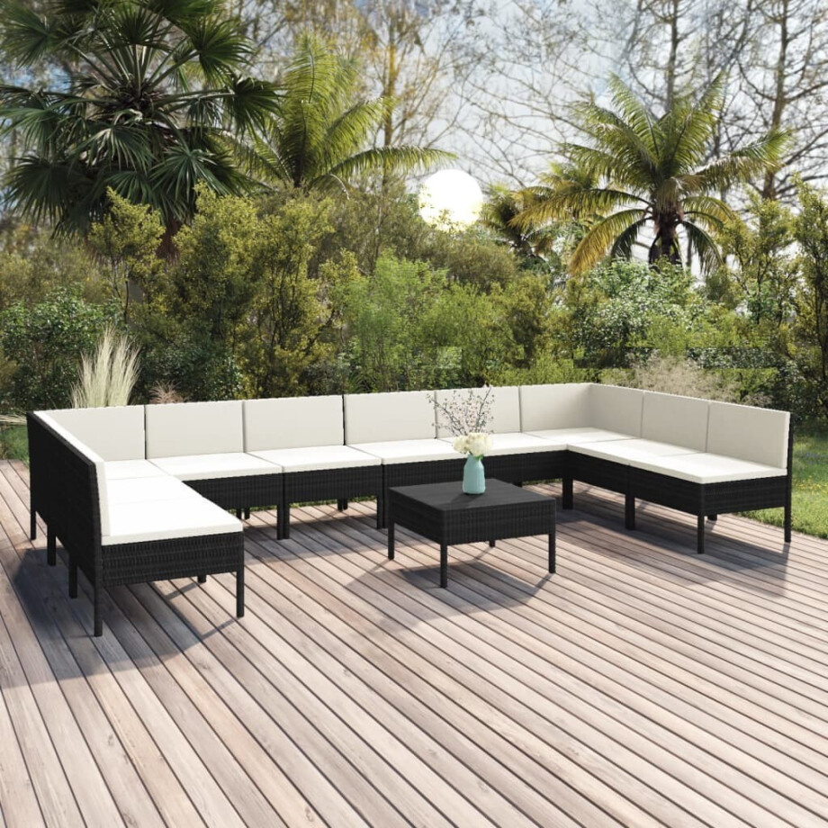 vidaXL 11-delige Loungeset met kussens poly rattan zwart afbeelding 1