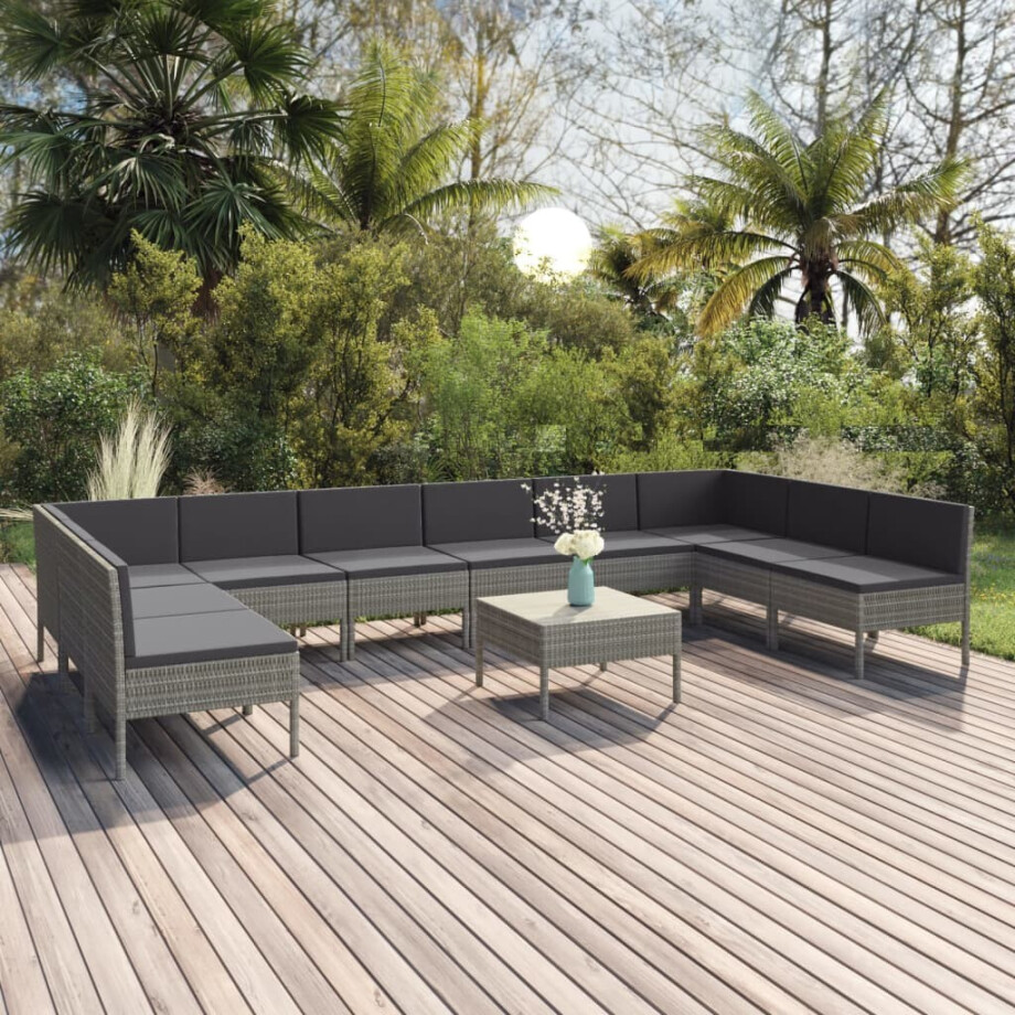 vidaXL 11-delige Loungeset met kussens poly rattan grijs afbeelding 1