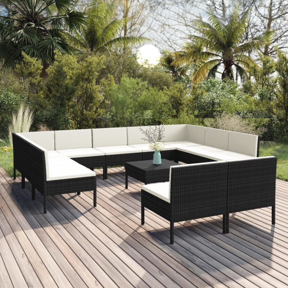 vidaXL 12-delige Loungeset met kussens poly rattan zwart afbeelding 1