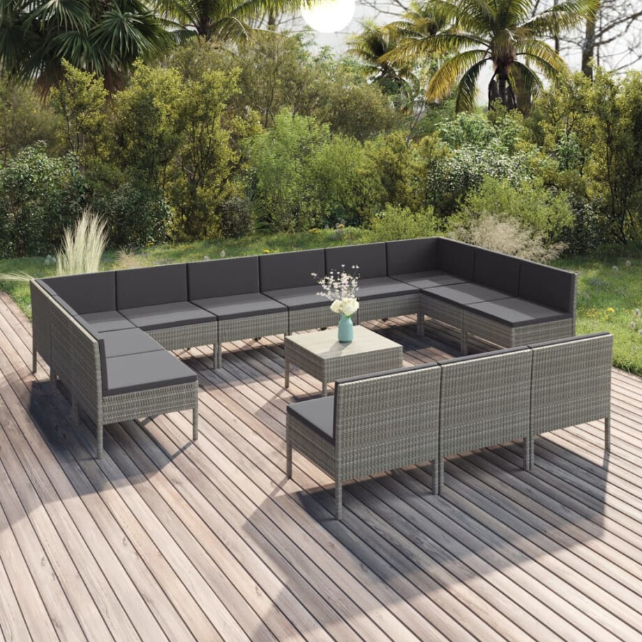 vidaXL 14-delige Loungeset met kussens poly rattan grijs vidaXL 14-delige Loungeset met kussens poly rattan grijs afbeelding 1