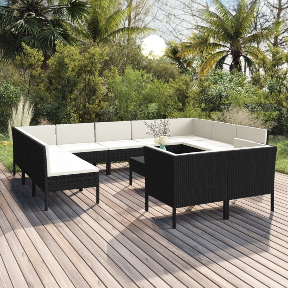 vidaXL 12-delige Loungeset met kussens poly rattan zwart vidaXL 12-delige Loungeset met kussens poly rattan zwart afbeelding 1