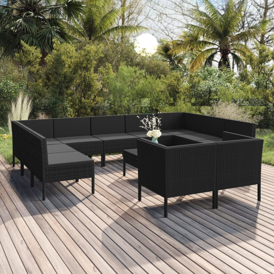 vidaXL 12-delige Loungeset met kussens poly rattan zwart afbeelding 1