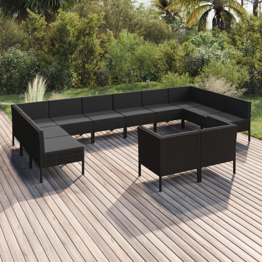 vidaXL 12-delige Loungeset met kussens poly rattan zwart afbeelding 1