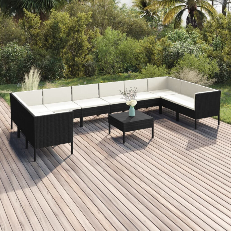 vidaXL 11-delige Loungeset met kussens poly rattan zwart afbeelding 1